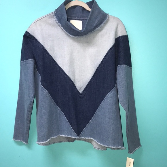 Ella Moss NWT patchwork three toned jean shirt with ripped style fringe. Size Sm - Picture 1 of 6